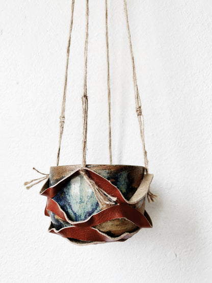 Handmade Leather Hanger with Vintage Stoneware Pot
