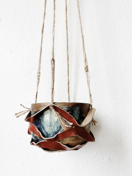 Handmade Leather Hanger with Vintage Stoneware Pot