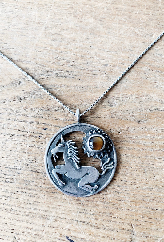 Vintage Sterling Silver Unicorn Pendant with Tigers Eye