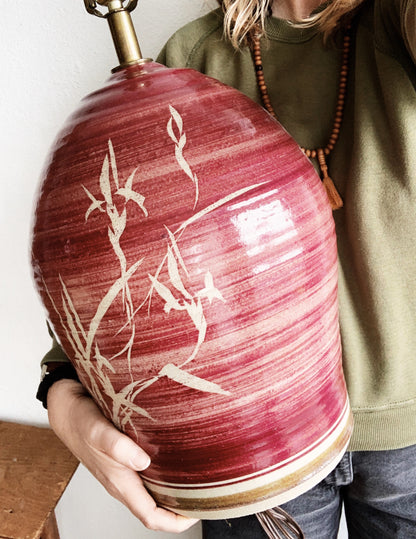 Large Vintage Ceramic Lamp with Pleated Shade