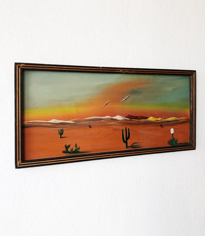 Vintage Sunset Desert Painting with Moon
