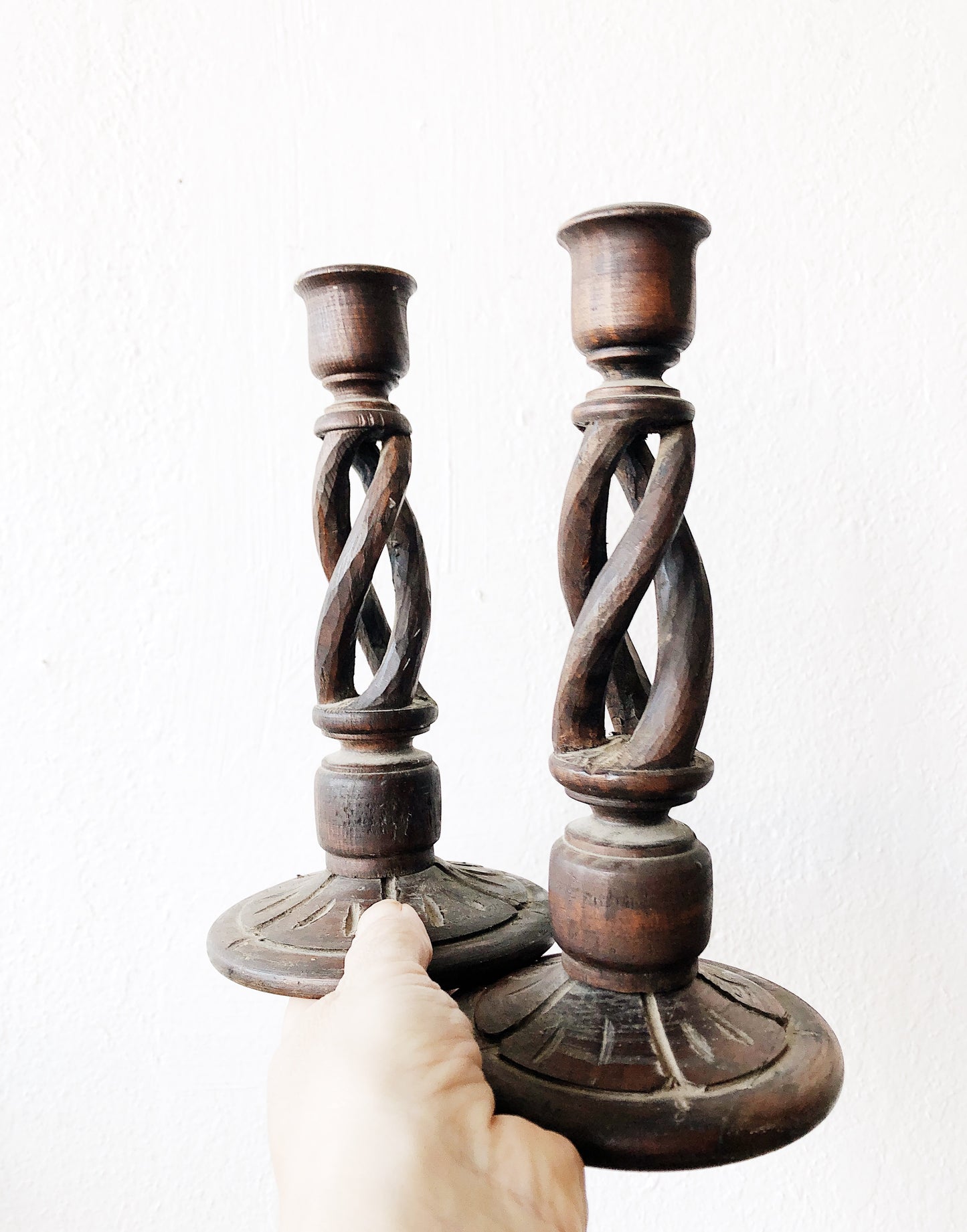 Vintage Spiral Wood Candlesticks