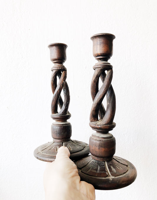 Vintage Spiral Wood Candlesticks