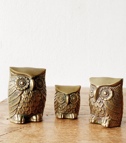 Vintage Solid Brass Owl Trio