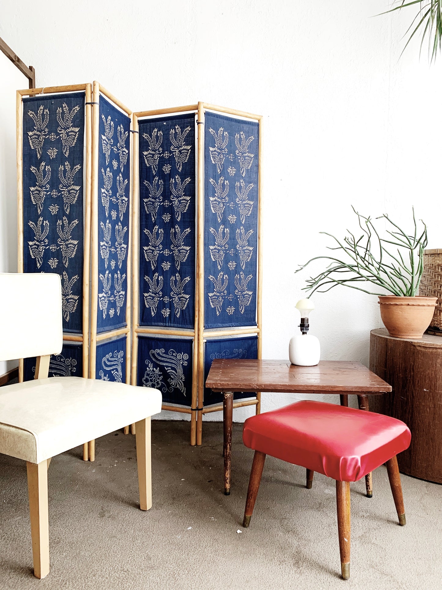 Vintage Bamboo Room Divider with Block Print Indigo Panels
