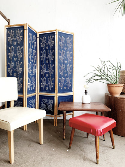Vintage Bamboo Room Divider with Block Print Indigo Panels
