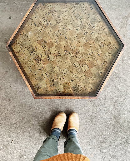 Vintage Wood Hexagon Coffee Table with Inlay Glass Top