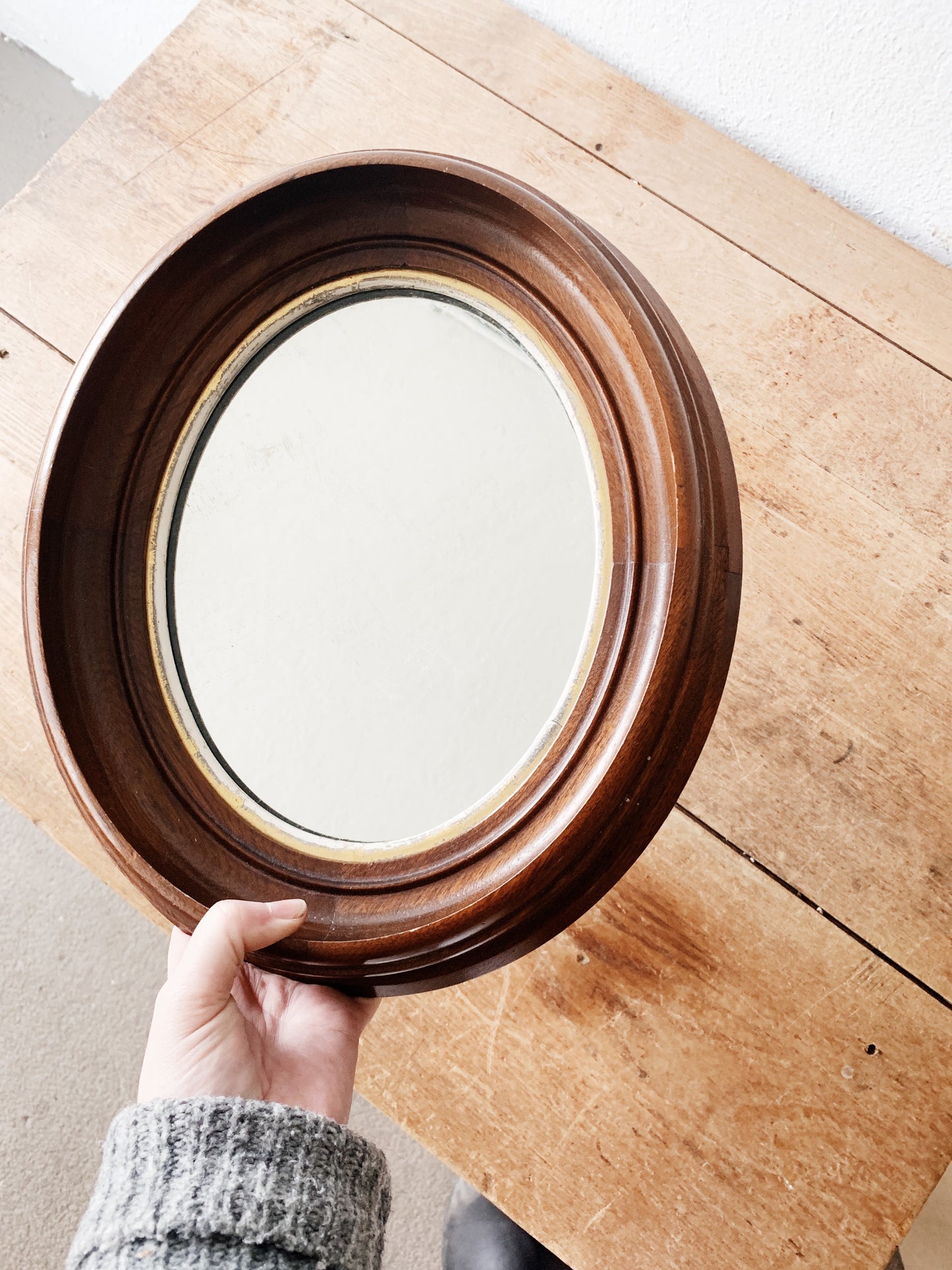 Vintage Chunky Wood Framed Oval Mirror