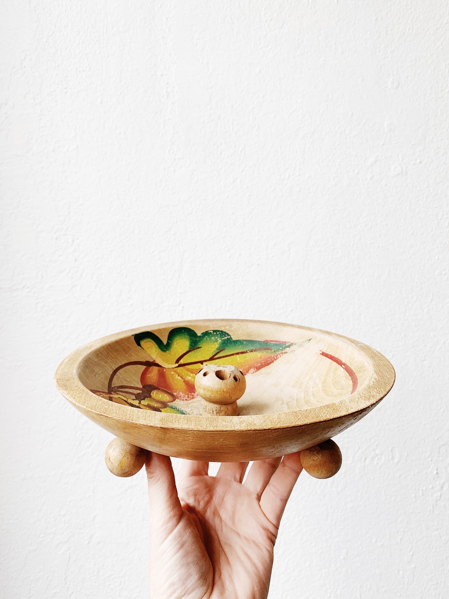 Vintage Hand Painted Footed Wood Incense Bowl