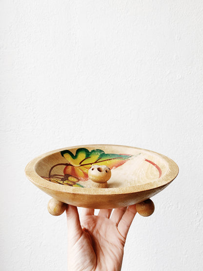 Vintage Hand Painted Footed Wood Incense Bowl