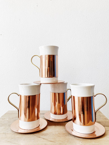 Set of Ceramic and Copper Mugs and Saucers