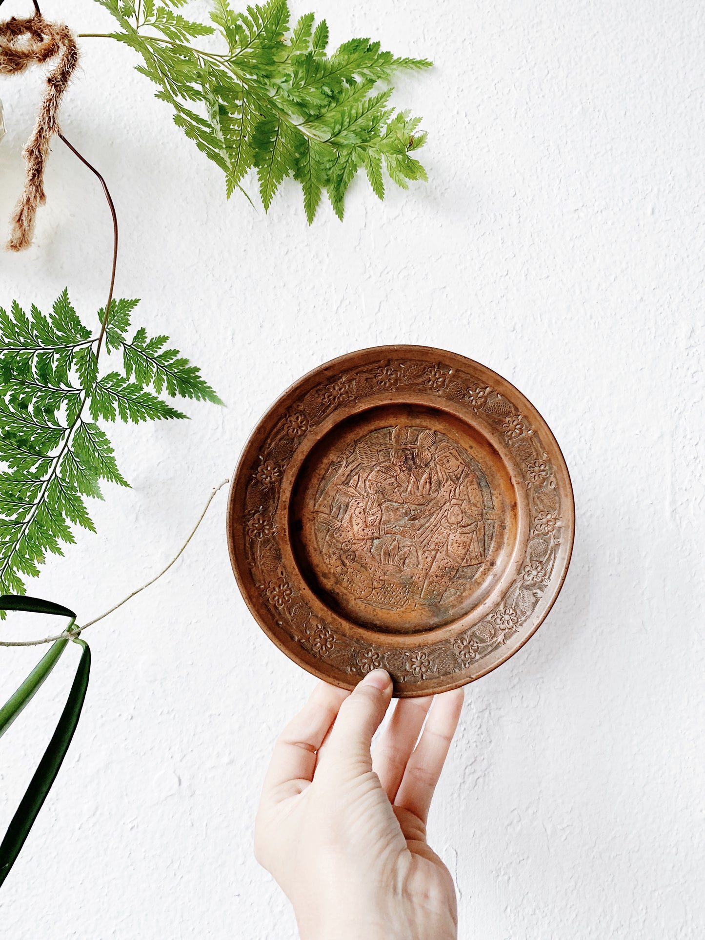 Vintage Incised Pictorial Copper Dish