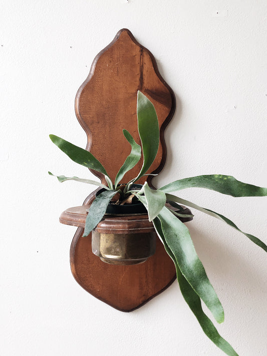 Vintage Wood Wall Planter and Brass Pot