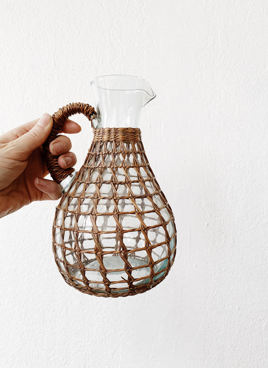 Vintage Rattan Wrapped Glass Pitcher