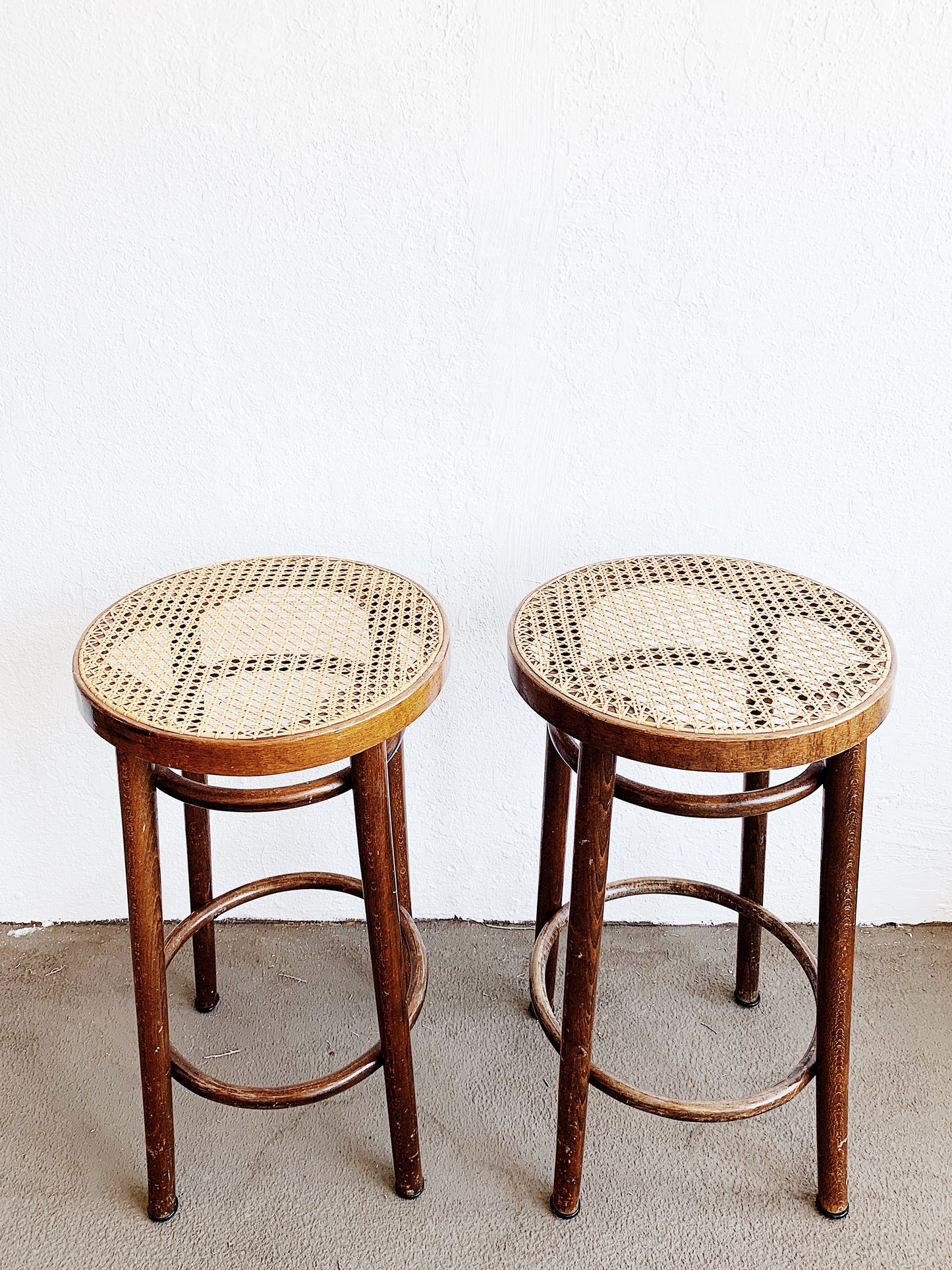 Vintage Wood Stool with Caned Tops