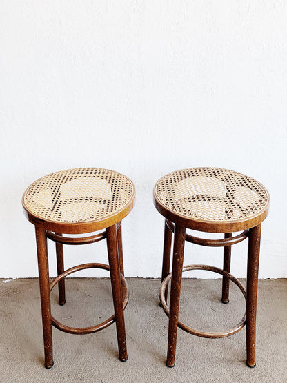 Vintage Wood Stool with Caned Tops