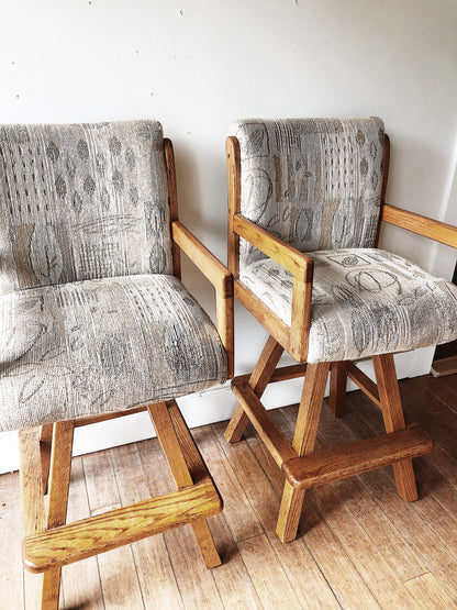 Pair Vintage Oak Swivel Bar Stools