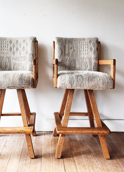 Pair Vintage Oak Swivel Bar Stools