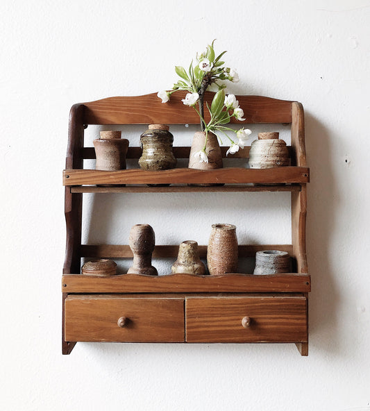 Vintage Wooden Spice Rack and Clay Vessels