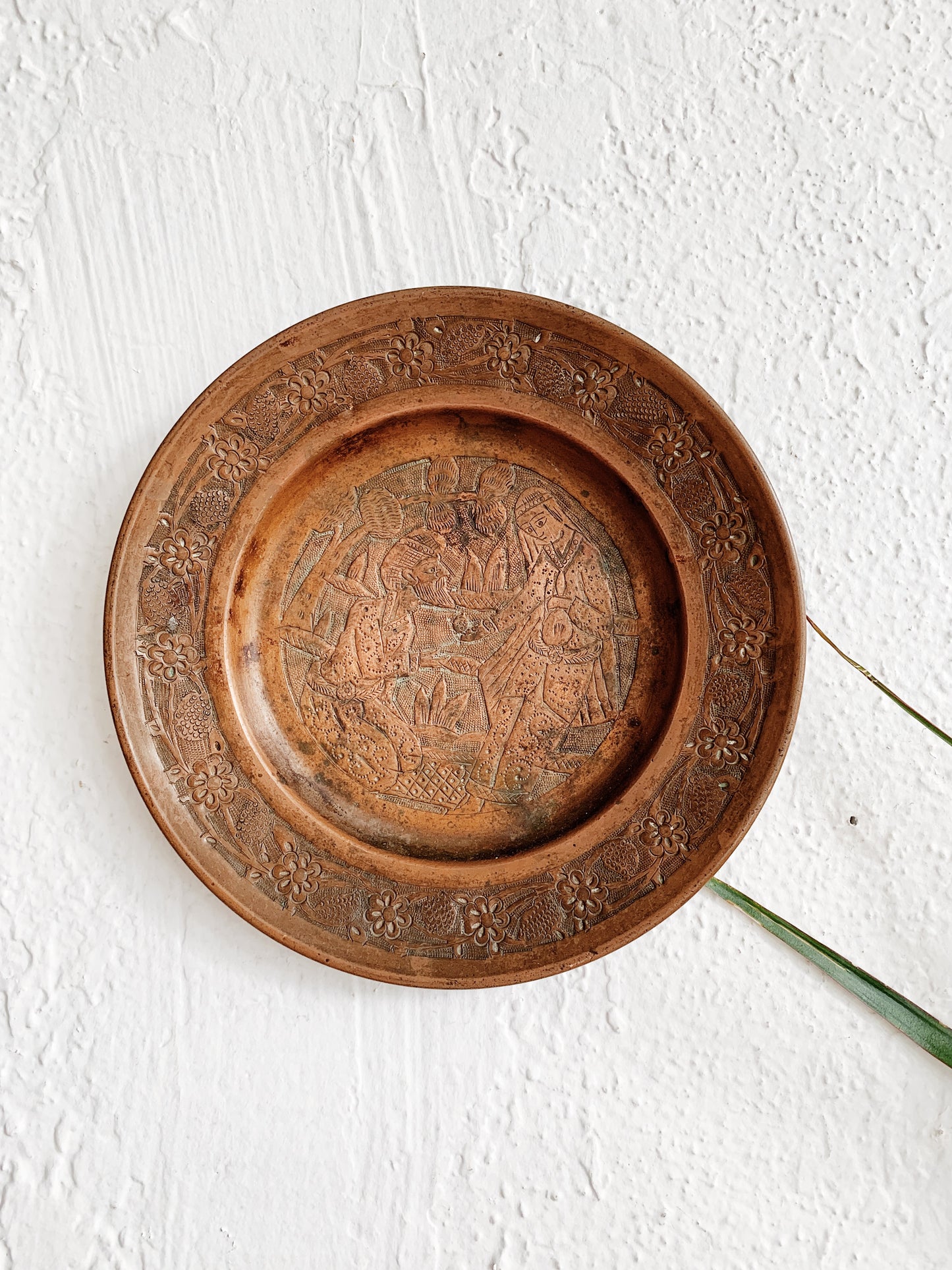 Vintage Incised Pictorial Copper Dish