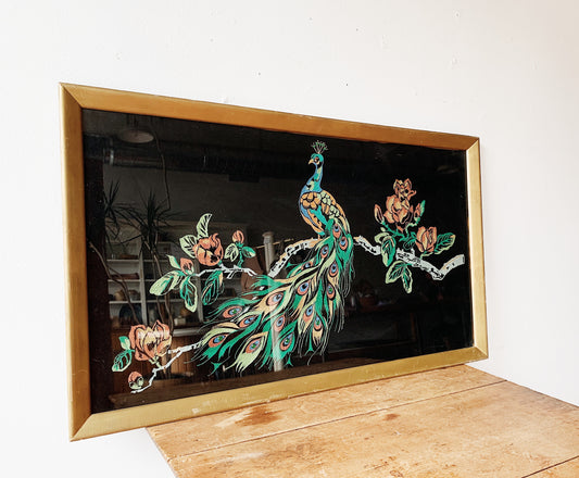 Vintage Framed Painted Velvet Peacock