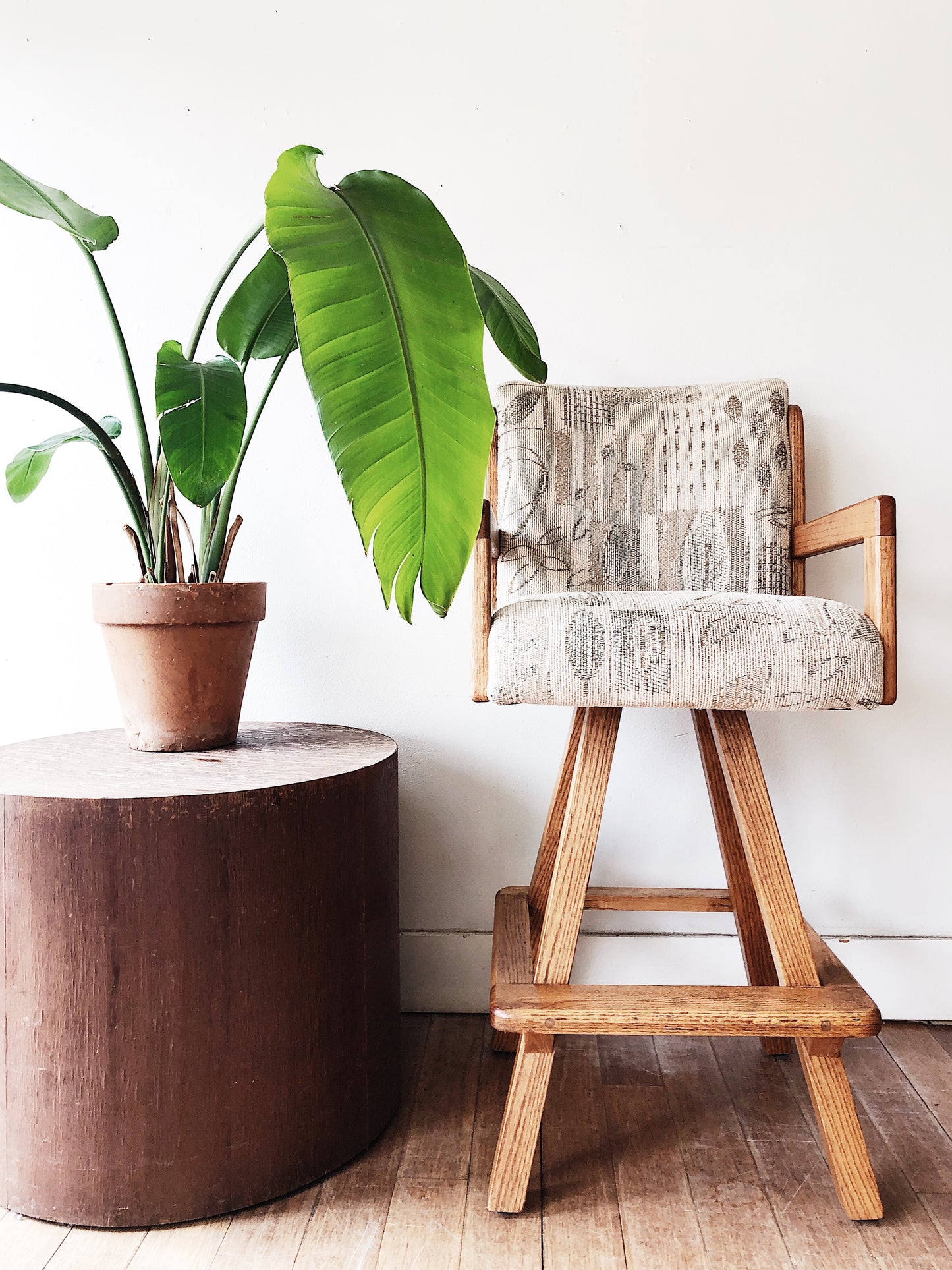 Pair Vintage Oak Swivel Bar Stools