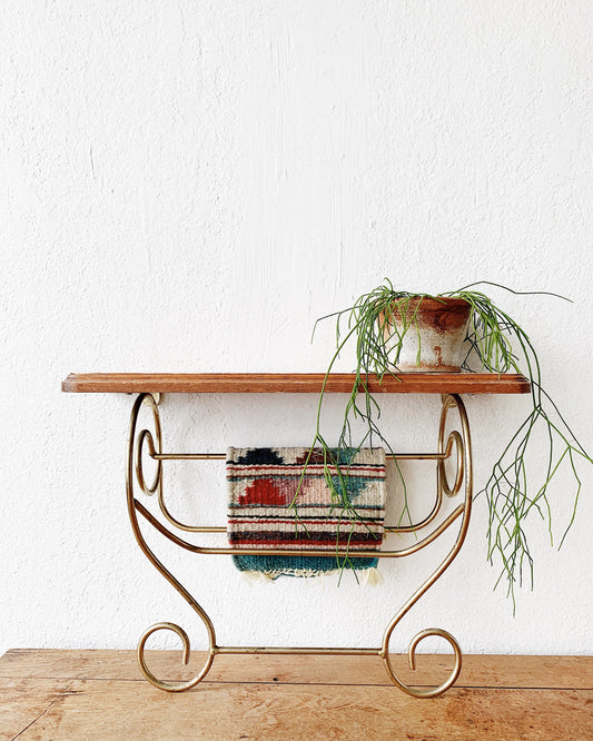 Vintage Wood and Brass Wall Shelf