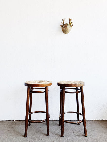 Vintage Wood Stool with Caned Tops