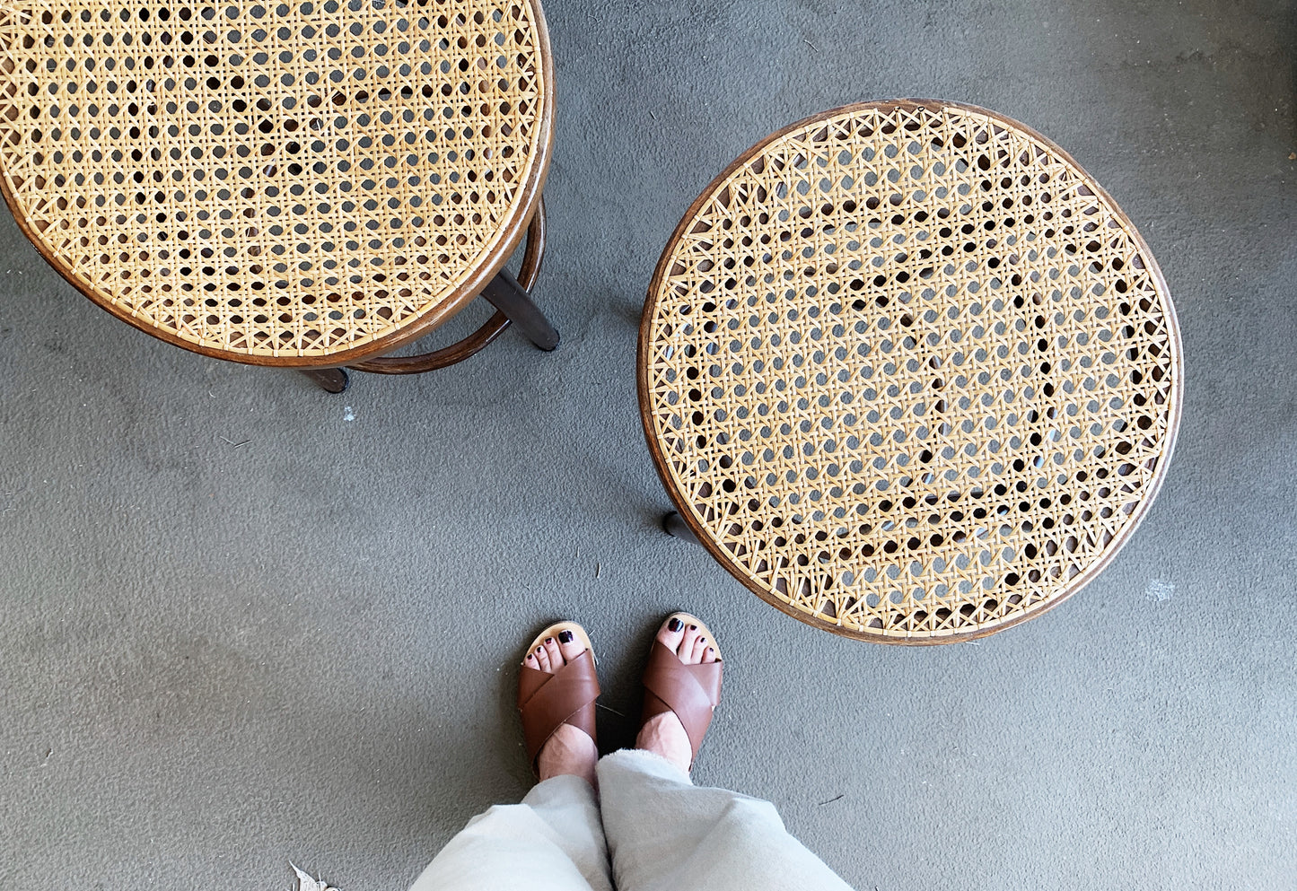 Vintage Wood Stool with Caned Tops