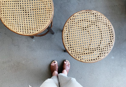 Vintage Wood Stool with Caned Tops