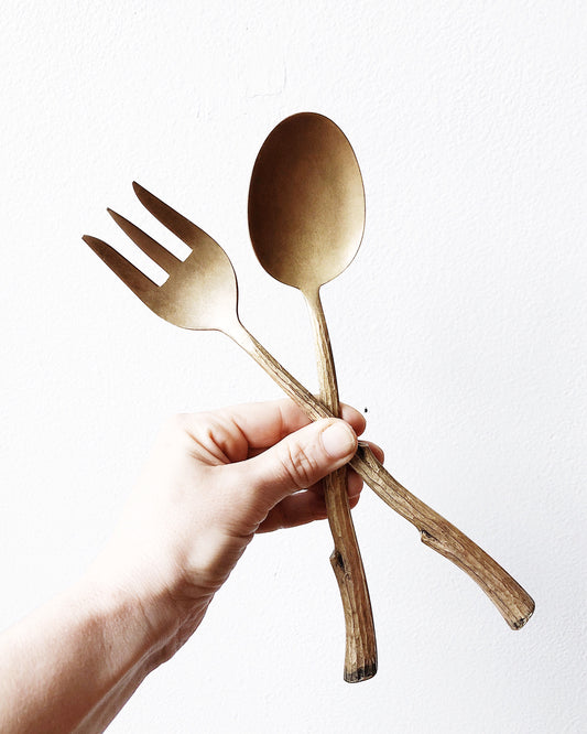 Vintage Mid Century Faux Bois Salad Servers